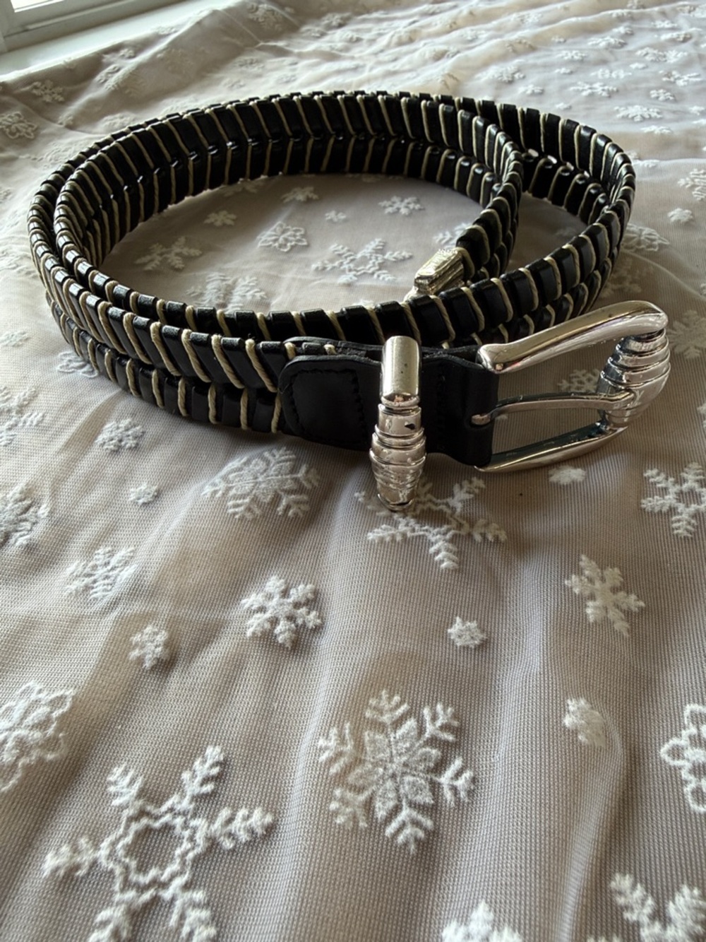 Vintage Woven Leather Belt Black Ivory Cord Wrap Boho Western Size 36
